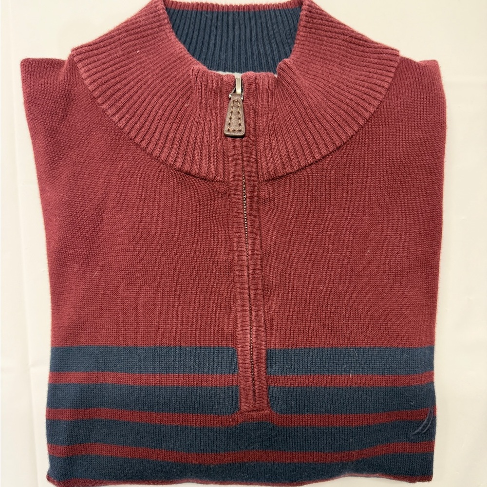 Nautica Men's Burgundy‎ Half-Zip Sweater with Navy Stripes